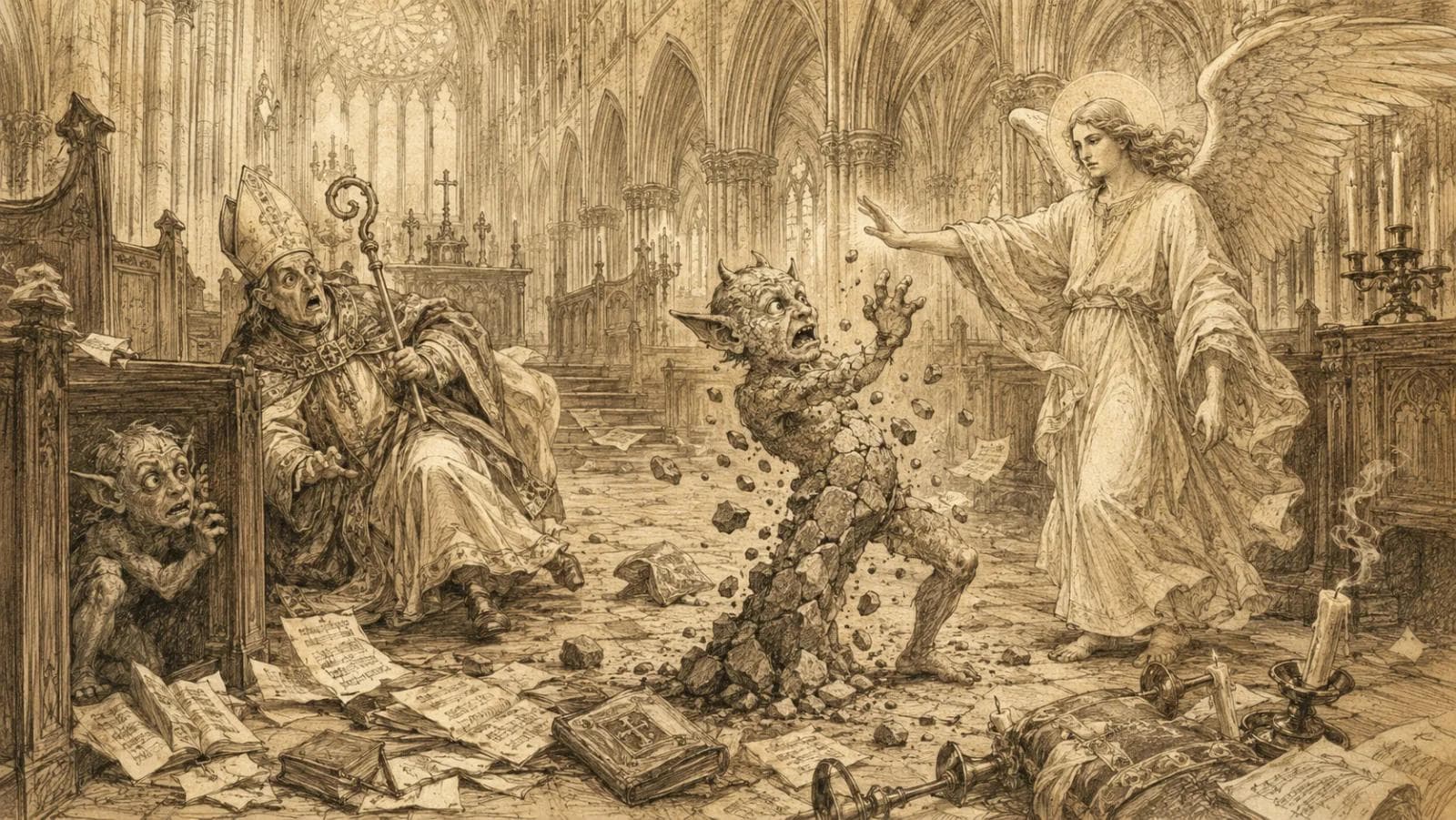 Two imps causing mischief inside Lincoln Cathedral